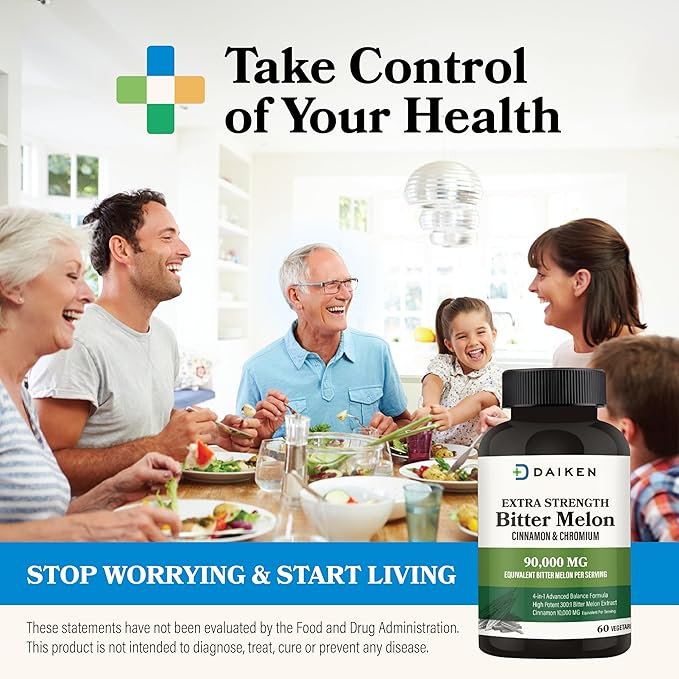 DAIKEN Bitter Melon, Cinnamon & Chromium, 90,000 mg Equivalent Per Serving Extra Strength, 100% Vegetarian Bitter Melon Capsules with Cinnamon Chromium & Zinc, 60 Capsules