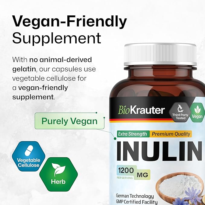 BIO KRAUTER Inulin Powder Capsules - 1200 mg Strength - 100 Count - Pure Soluble Fiber Supplements - Chicory Root Fiber Capsules for Digestive Support - Vegan