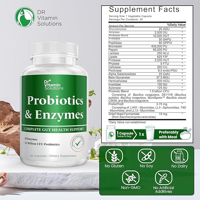 Probiotics and Multi Enzymes with Prebiotics for Digestive Health & Bloating Relief for Women & Men, Enzymes & Probiotics for Gut & Digestion - 30 Caps (1 Bottle, 30 Capsules)