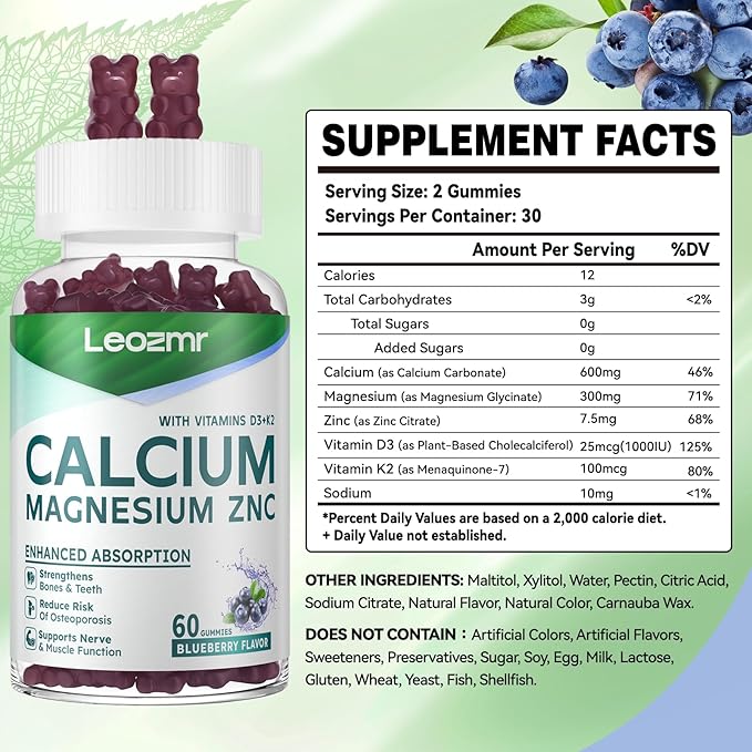 Calcium Magnesium Zinc Gummies with Vitamin D3 & K2 - High Potency Enhanced Absorption -120 Blueberry Gummies Flavored