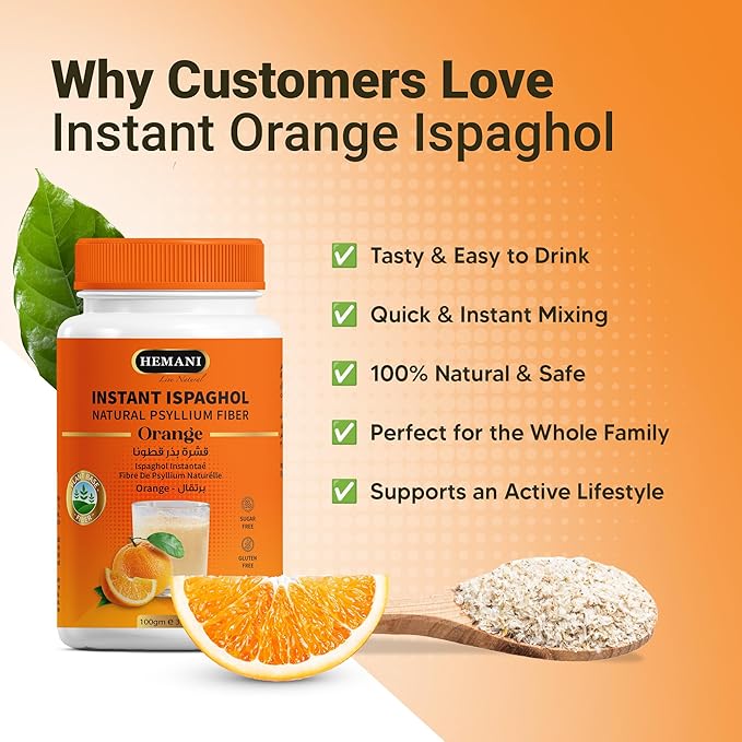 Hemani Instant Psyllium Husk Ispaghol 100g | Orange Flavored On-The-Go Fiber Supplement | Supports Digestive Health | Add to Water for a Refreshing Drink