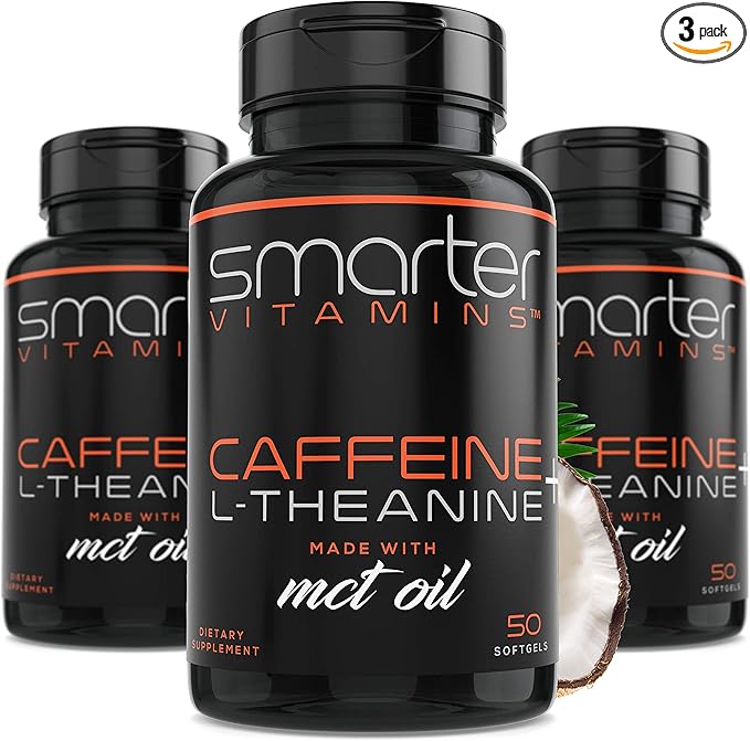 SmarterVitamins (3-Pack 200mg Caffeine Pills with 100mg L-Theanine + Coconut MCT Oil, Energy and Focus, Extended Release Capsule, 150 Liquid Softgels