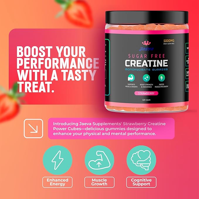 Sugar Free Creatine Monohydrate Gummies 5g, 5000mg for Men & Women, Strawberry - 120 Count, Pre Workout Chews for Energy Boost, for Building Muscle and Strength, Vegan, Non-GMO, Java