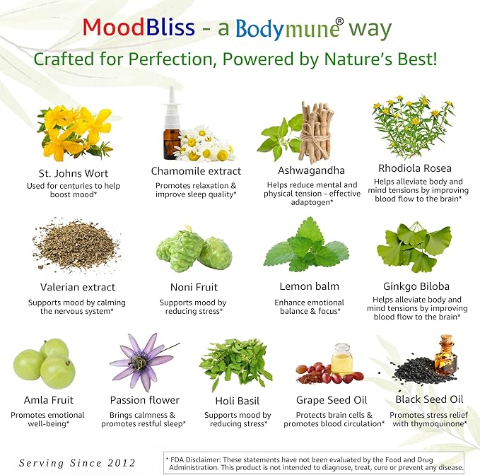 MoodBliss Mood Support Supplement, USA-Made USDA Organic Plant-Based Superfood for Stress Relief, Calm Mind & Body w/St John’s Wort Rhodiola Ashwagandha Valerian Medicinal Oils & More 60 ct