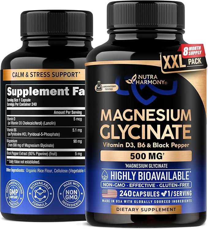 Magnesium Glycinate 500 mg - Chelated Supplement - 98% High Absorption - Support for Sleep, Muscle & Heart Health - Made in USA, Lab Tested & Non-GMO - 240 Capsules