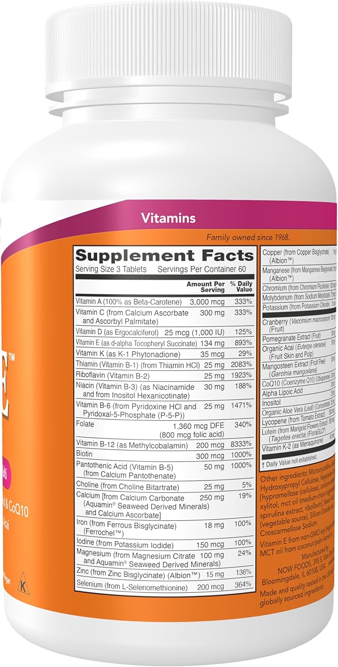 NOW Foods Supplements, Eve™ Women's Multivitamin with Cranberry, Alpha Lipoic Acid and CoQ10, plus Superfruits - Pomegranate, Acai & Mangosteen, 180 Tablets