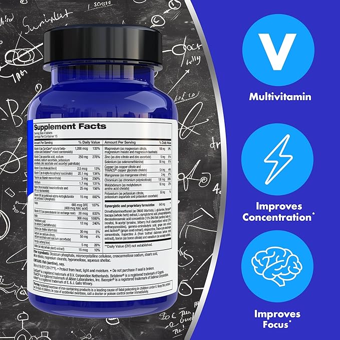 Focus Factor Nutrition for The Brain, Improved Memory & Concentration Brain Supplement, Complete Multivitamin with Vitamins B6, B12, D, Bacopa Monnieri & Tyrosine, 60 Count