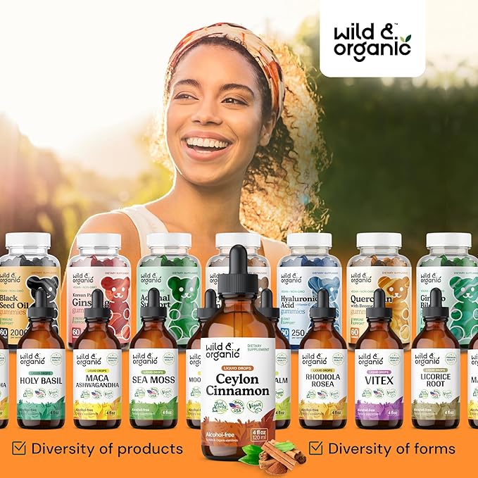 Wild & Organic Ceylon Cinnamon Tincture 500 mg - Liquid Cinnamon Supplements for Overall Support - Cinnamomum Verum Bark Extract - Vegan, Sugar & Alcohol-Free, Non-GMO - 4 fl oz