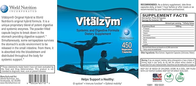 Original Proteolytic Systemic Digestive Enzyme Formula Serrapeptase Source | Immune and Joint Support Increase Blood Flow Cardio Function | Healthy Men Women (450 Capsules)