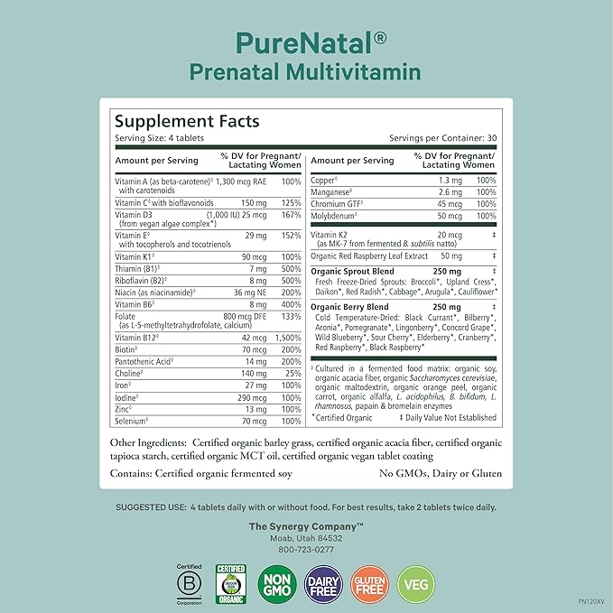 PURE SYNERGY PureNatal Prenatal Vitamins | Vegan Supplement Made with Organic Whole Foods | with Natural Iron, Folate, and Choline | for Pre-Conception, Pregnancy and Breastfeeding (120 Tablets)
