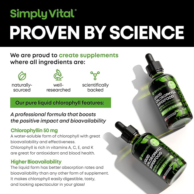 SimplyVital Chlorophyll Liquid Drops for Clear Skin & Energy Boost - Immune Support Supplement - Made in USA - Liquid Chlorophyll for Gut Health - Internal Deodorant - Antioxidant- 2 FL OZ