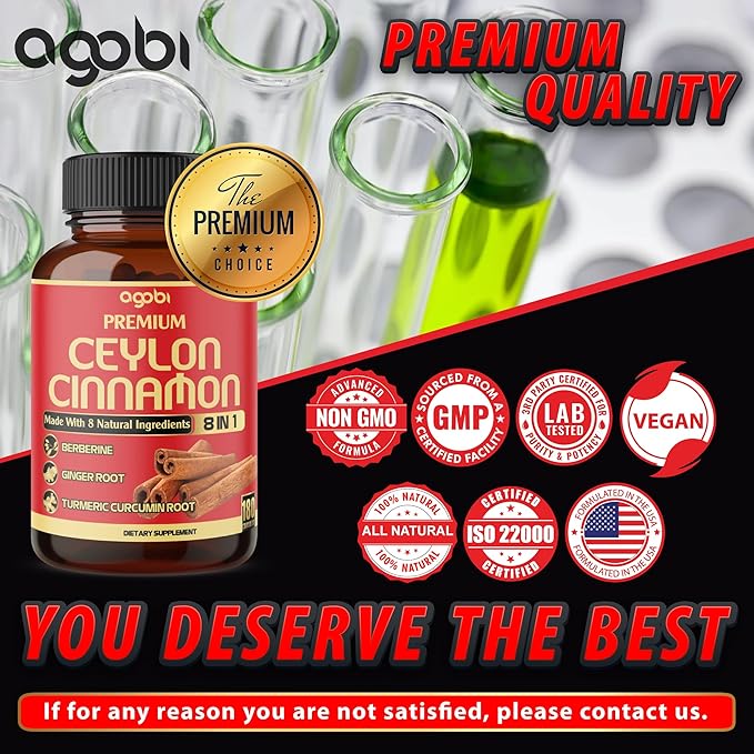 Premium Ceylon Cinnamon with Berberine Supplement - 8in1 Turmeric, Ginger, Gymnema & More - Body, Heart & Immune Support - 180 Capsules