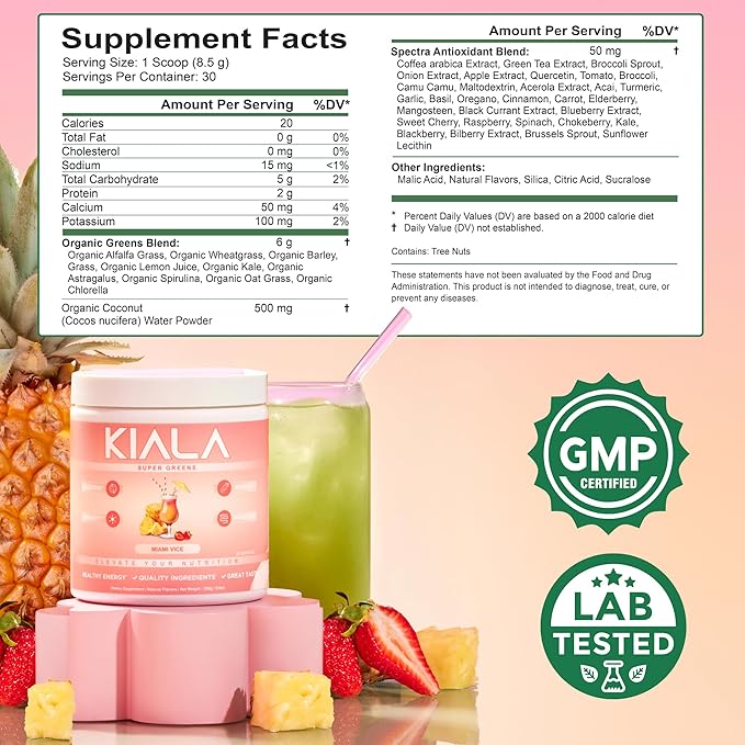 Kiala Nutrition Super Greens, Organic Greens Powder with Spirulina & Chlorella for Digestion, Gut Health, Immunity & Energy, Gluten Free, Vegan, Mixed Berry + Miami Vice, 30 Servings