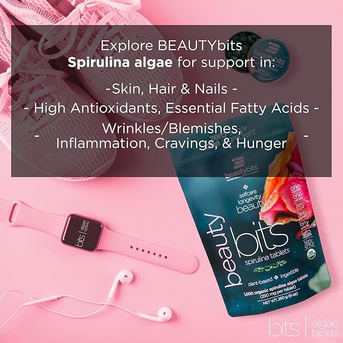BEAUTYbits - Organic Spirulina Tablets - Algae Superfood - Collagen, Protein, Chlorophyll - Hair, Nails, & Skin Care - Vegan, Keto, Gluten Free - Self Care - Skincare Beauty Gifts - 1000 Tablet Can
