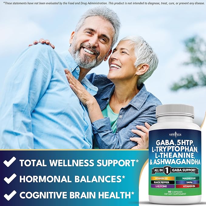 NEW AGE GABA 750mg 5 HTP 200mg L Tryptophan 500mg L Theanine 200mg Ashwagandha SAM-e L-Glycine - Vitamins for Women and Men with L-Tyrosine 5-HTP (5-Hydroxytryptophan) - 180 Count
