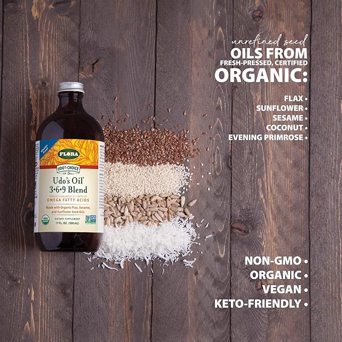 Flora - Udo's Oil DHA 3-6-9 Blend - Vegan Eye & Brain Health Supplement - Vegan Omega-3 & Omega-6 - Contains Sunflower & Flax Seed Oil - Kosher & Organic - Keep Chilled - 8.5 fl. oz.