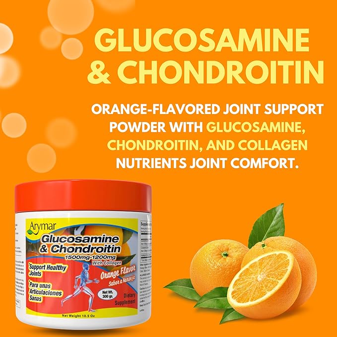 Arymar Glucosamine & Chondroitin 1500mg-1200mg with Collagen, Supports Joint Health, Orange Flavor