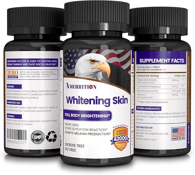 Skin Whitening Supplement Infused with Grape Seed Extract, Glutathione, Vitamin B3, and Vitamin C - 60 Tablet