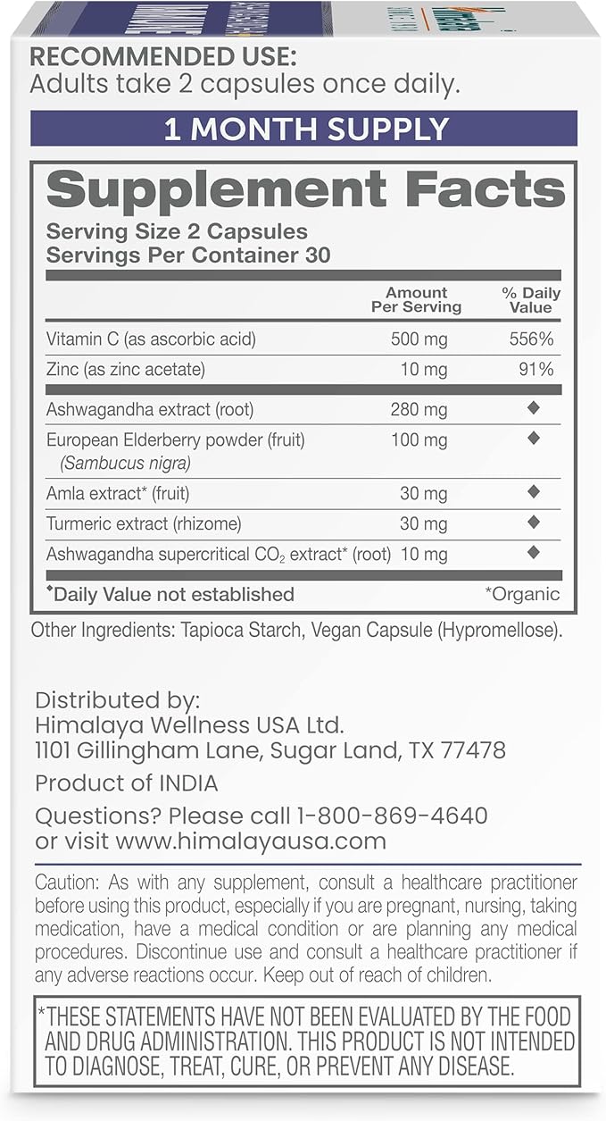 Himalaya Ashwagandha+ Immune with Ashwagandha, Elderberry, Zinc & Vitamin C for Active Immune Support, 60 Capsules, 1 Month Supply, Vegan, Gluten Free