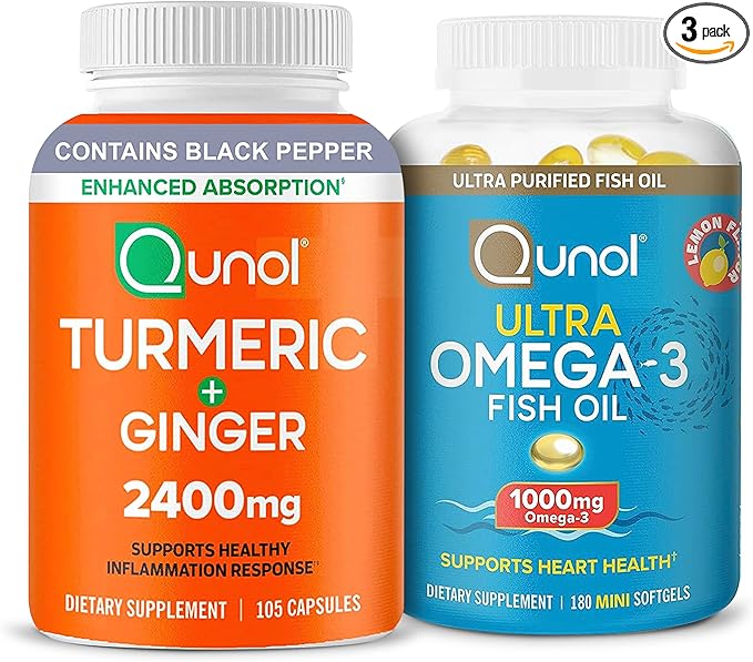 Qunol Turmeric Curcumin with Black Pepper & Ginger, 2400mg Turmeric Extract with 95% Curcuminoids, 105 Count + Fish Oil Omega 3 Mini Softgels, 1000mg Omega 3 EPA + DHA, 3 Month Supply, 180 Count