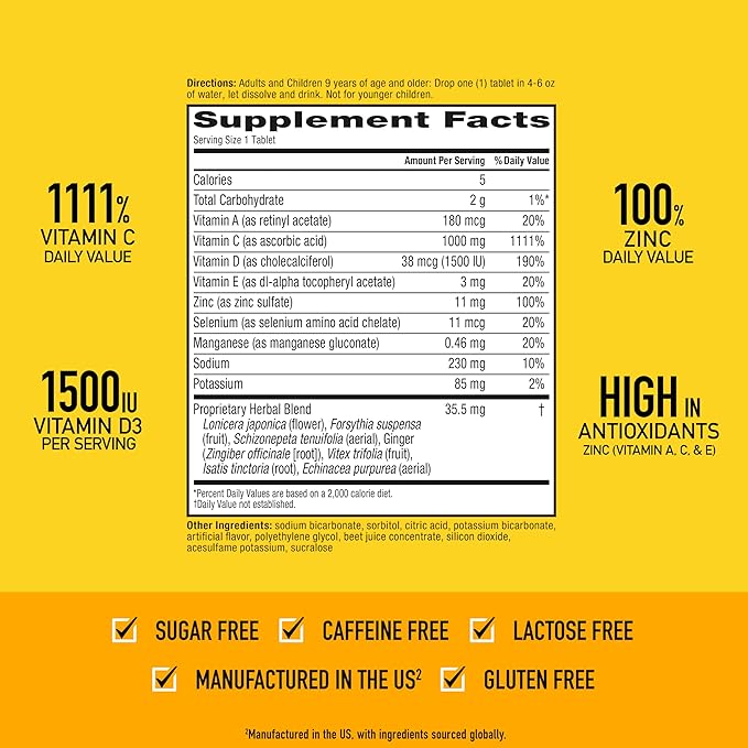 Airborne 1000mg Vitamin C with Vitamin D & Zinc, Sugar Free Multivitamin Immune Support Supplement, Antioxidants Vitamins A C & Vitamin E, 30 Effervescent Tablets, Very Berry Flavor