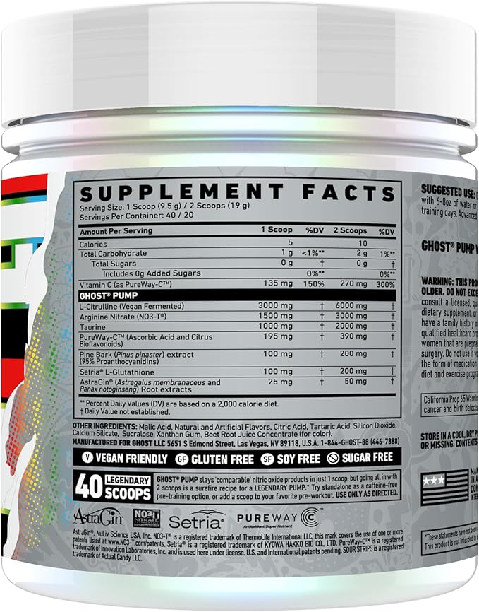 GHOST Pump Nitric Oxide Powder, Sour Strips Rainbow - 40 Servings - Sugar & Stim-Free Pre-Workout Supplements - L-Citrulline, Arginine Nitrate & L-Glutathione - Soy & Gluten-Free, Vegan