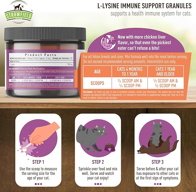 Strawfield Pets L-Lysine Immune Support for Cats & Kittens - 200g Chicken Liver Flavor Granules with Scoop, Immune Health Supplement Cat Cold Relief, Sneezing, Congestion, Running Nose, Watery Eyes