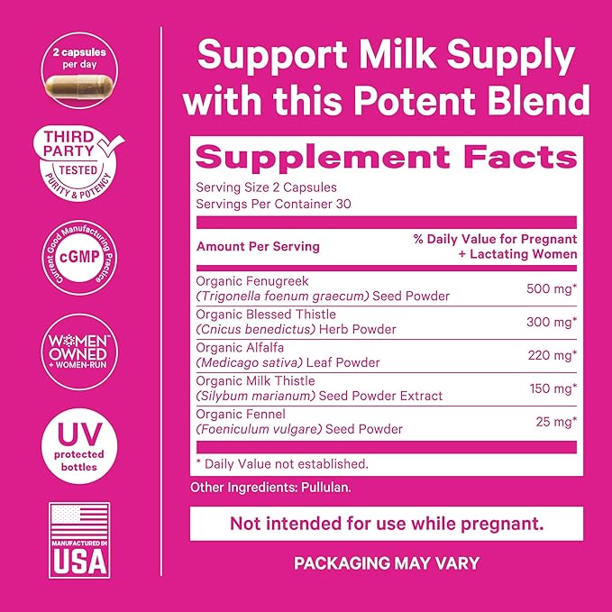 Pink Stork Total Lactation Supplement for Breast Milk Supply, Organic Fenugreek and Alfalfa to Support Breastfeeding, Milk Flow, and Production, Postpartum Essentials - 60 Capsules