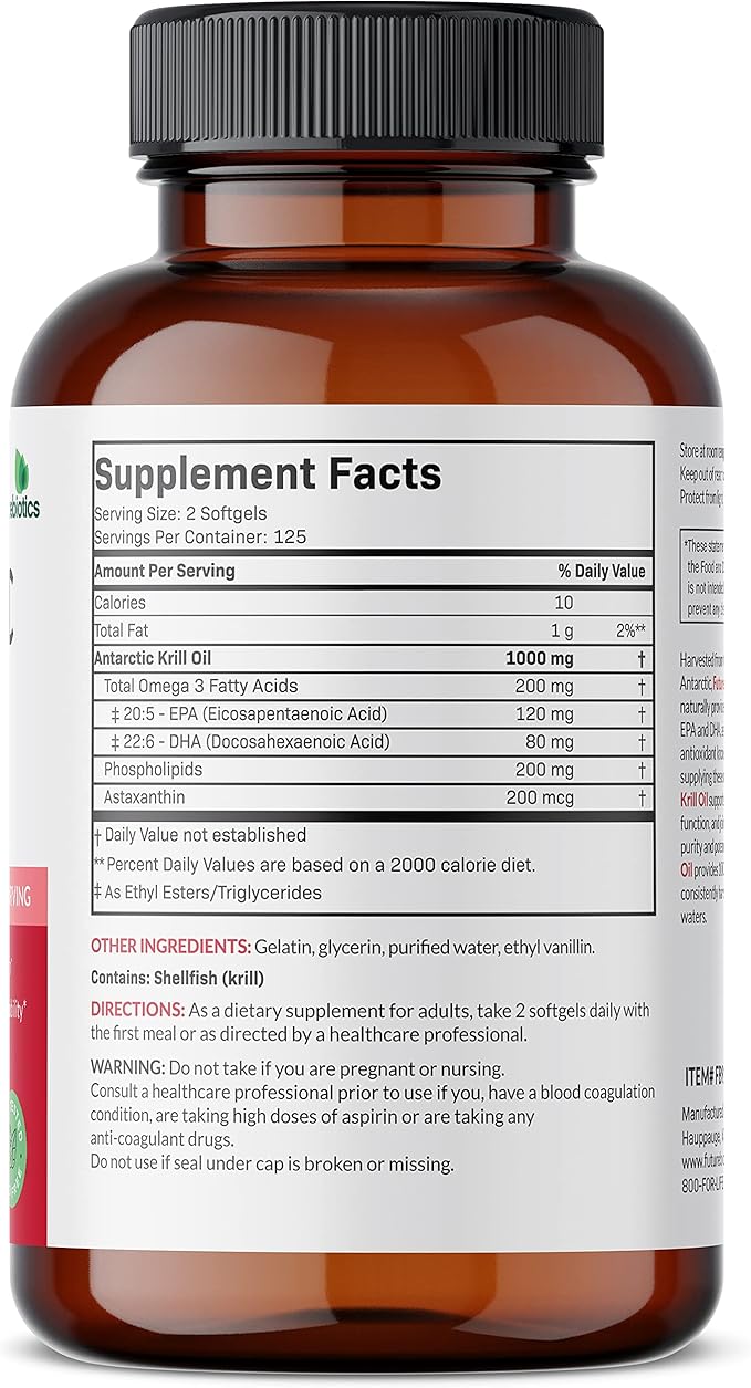 Futurebiotics Antarctic Krill Oil 1000mg with Omega-3s EPA, DHA, Astaxanthin and Phospholipids - 100% Pure Premium Krill Oil Heavy Metal Tested, Non GMO – 250 Softgels (125 Servings)