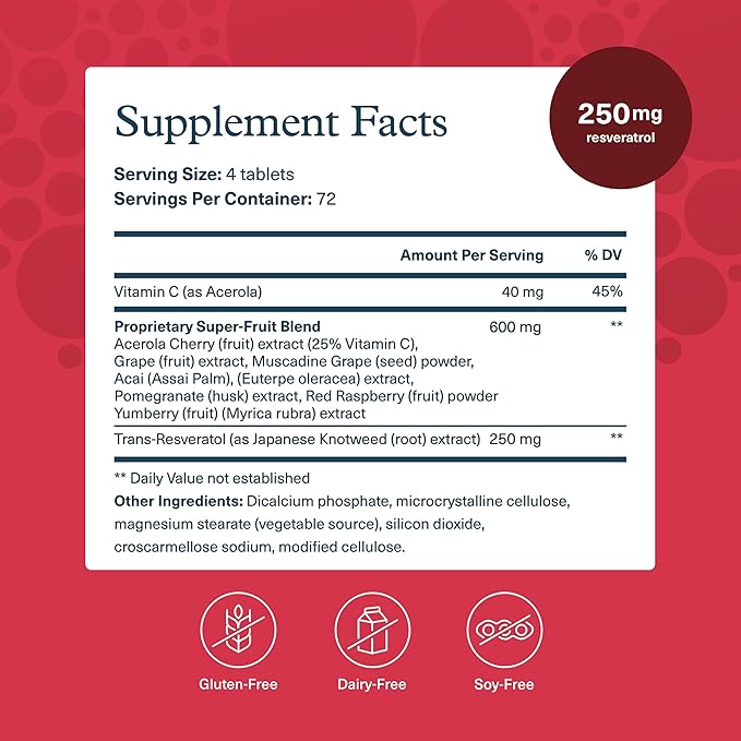 Youtheory Resveratrol Advanced Antioxidant Formula - Premium Antioxidant Supplement with Super-Fruit Blend - Contains ResVida - Dairy, Soy & Gluten Free - 290 Tablets
