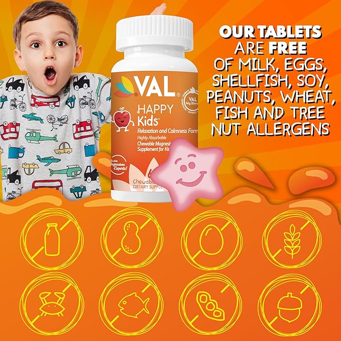 VAL Magnesium for Kids | High-Absorption Magnesium for Calm, Relaxation & Focus | Mg Glycinate, Citrate & Taurate | with Vitamin B6, D & C | Sugar-Free, Non-GMO | 60 Chewable Tablets
