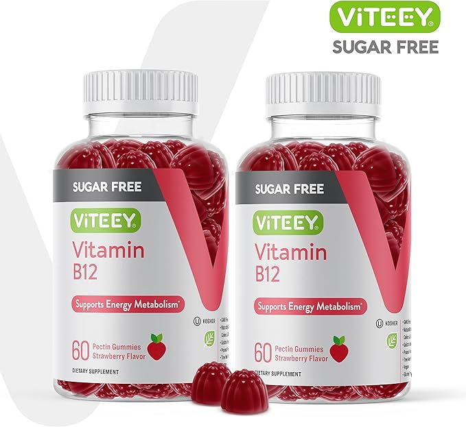 Vitamin B12 Gummies for Adults & Teens 1000mcg, Sugar Free - Good for Energy, Metabolism, Natural Energy Support - Vegan, Gelatin Free, Gluten Free, GMO Free - Tasty Chewable Strawberry Flavored Gummy