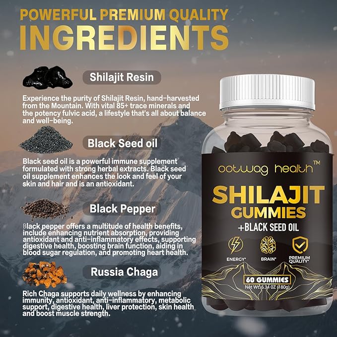 2 Pack Shilajit Resin Gummies, Shilajit for Men Women Supplement with Black Seed Oil, Russia Chaga, Honey, Shilaji t Gummies with 85+ Trace Minerals & Fulvic Acid for Energy, Digestion Health