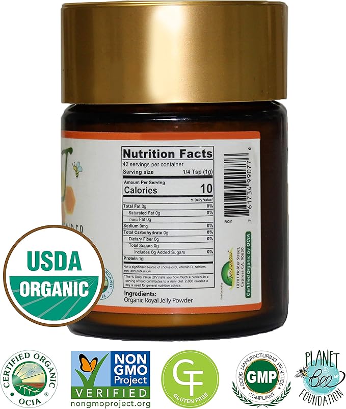Greenbow Royal Jelly Powder– 100% USDA Certified Organic Royal Jelly, Non-GMO, Gluten Free Royal Jelly, Freeze Dried – One of The Most Nutrition Packed –No Additives/Flavors (42g)