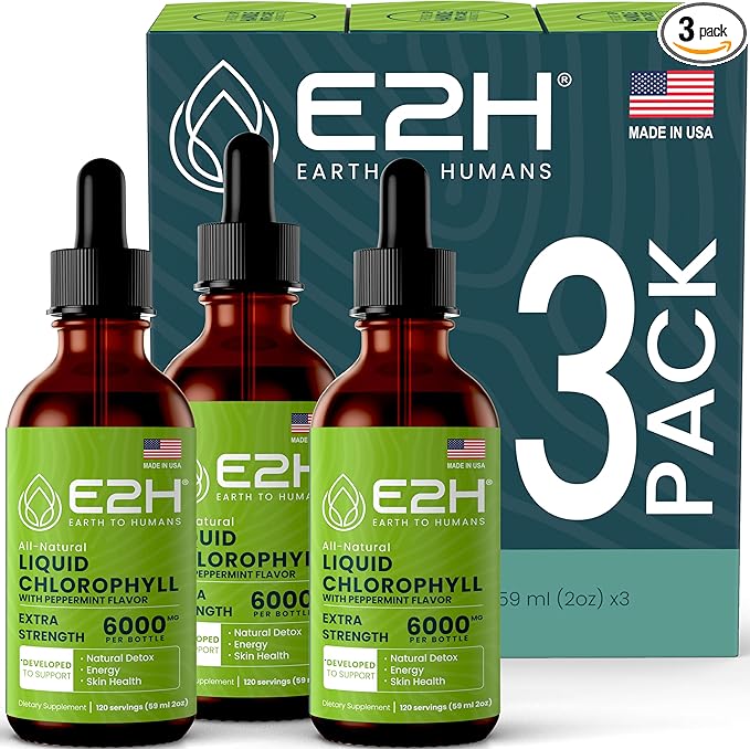 E2H Chlorophyll Liquid Drops - Natural Energy Booster, Immune System Support and Internal Deodorant - Peppermint Flavor - (3 Bottles)
