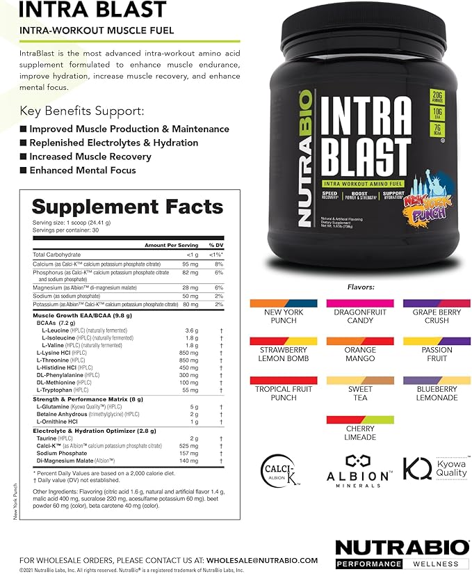 NutraBio Intra Blast Bcaa Powder Amino Acid Supplement, Electrolyte & Hydration Blend, Intra, Pre Workout & Muscle Recovery, 20g Eaa Amino Acids Powder, 5g Glutamine- Dragonfruit Candy, 30 Serving