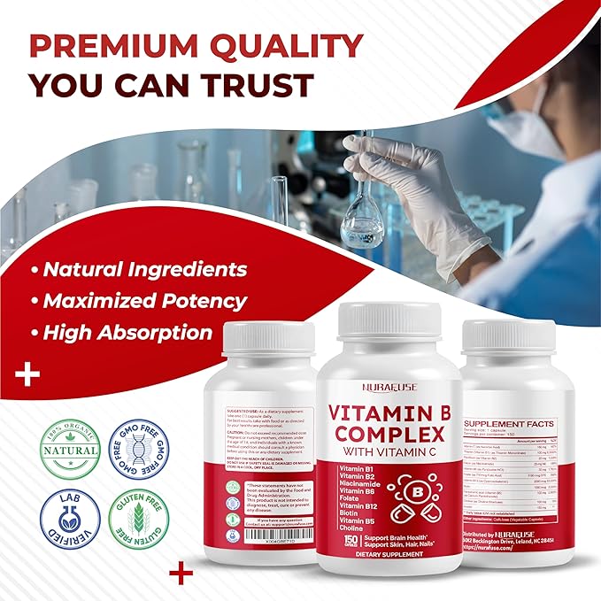 Vitamin B Complex Vitamin B1, B2, 6,9,12 Niacin, with Vitamin C - Support Brain Health, Energy Levels, Skin, Hair, and Nails - Made and Tested in The USA