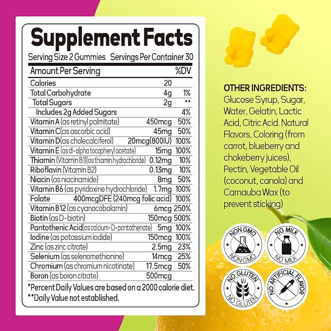 Multivitamin for Women Gummies Lemon Flavored Vitamins Daily Multivitamin with Vitamins A, C, D, E, B6 and B12, 30 Day Supply, 60 Count