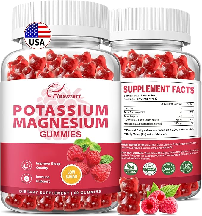 Potassium Magnesium Gummies Potassium Citrate 99mg Magnesium Citrate 250mg Magnesium Potassium Complex Supplement, Immune Support, 60 Raspberry Gummies