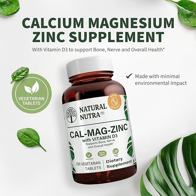 Natural Nutra 250 Count, Calcium Magnesium Zinc Supplement with Vitamin D3 for Bone Strength, Nerve Health, Helps Improve Better Vibe, Gluten Free and Sugar-Free, Essential Mineral Complex