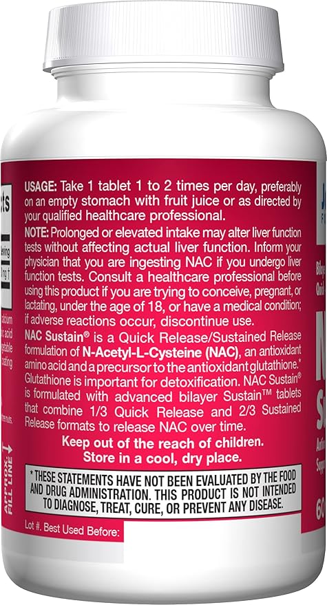 Jarrow Formulas N-A-C Sustain, Supports Liver and Lung Function, 600 Mg, 60 Sustain Tablets (Pack of 2)