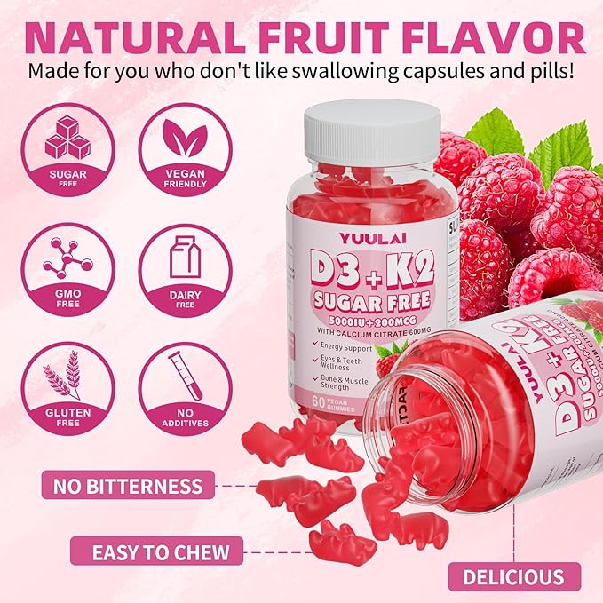 Vitamin D3 K2 Gummies, D3 Vitamin 5,000 IU + K2 200mcg - Vegan K2 D3 Vitamin Supplement, Highly Absorbent Supports Bone, Muscle, Immune, Raspberry, 60 Count