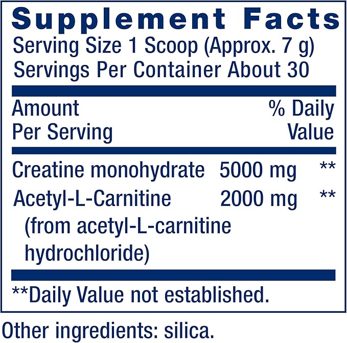 Life Extension Creatine Acetyl-L-Carnitine Energy Plus, Energy Support Supplement, creatine monohydrate, Acetyl-L-carnitine, Gluten-Free, Non-GMO, Vegetarian, 30 Servings