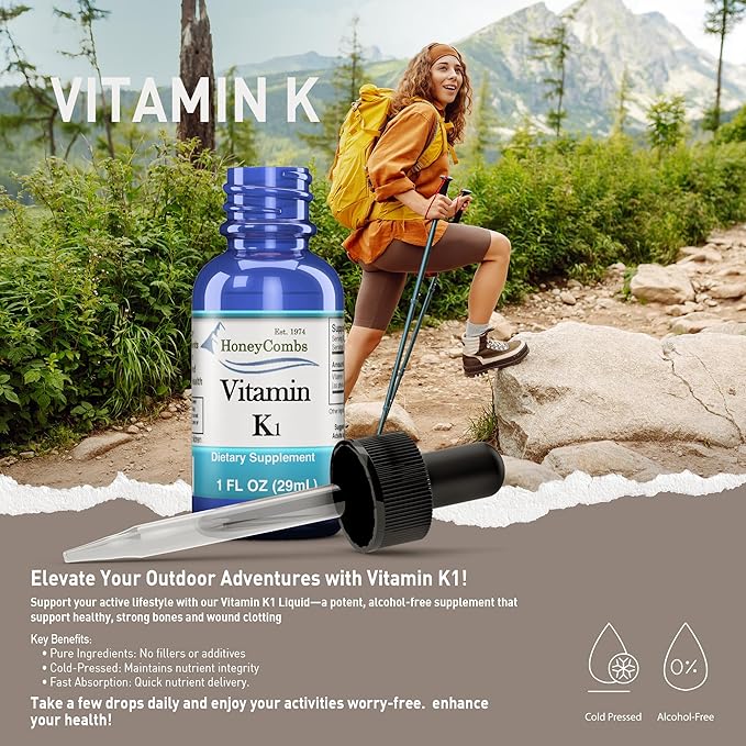 HoneyCombs Vitamin K1 Liquid – Alcohol-Free Oral Vitamin K1 Drops - Liquid Vitamin K – Vegan, Non-GMO Vitamin Liquid Extract for Internal & External Use - 1 Fl Oz