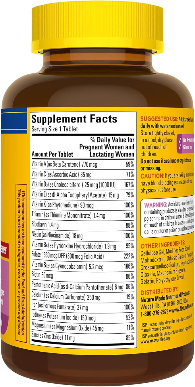 Nature Made Prenatal Multivitamin with Folic Acid, Prenatal Vitamin and Mineral Supplement for Daily Nutritional Support, 250 Tablets, 250 Day Supply