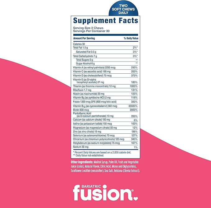 Bariatric Fusion Bariatric Multivitamin Chewable Soft Chew | Cherry Pineapple Flavor | Chewy Bariatric Vitamins for Post Bariatric Surgery Patients | 60 Count | 1 Month Supply