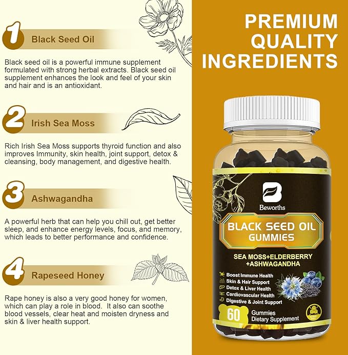 Black Seed Oil & Sea Moss Gummies, Organic Irish Sea Moss Gummies with Ashwagandha, Black Seed Oil, Elderberry, Turmeric, Vitamin D3/C and Zinc - Support Joints, Digestion, Hair & Skin