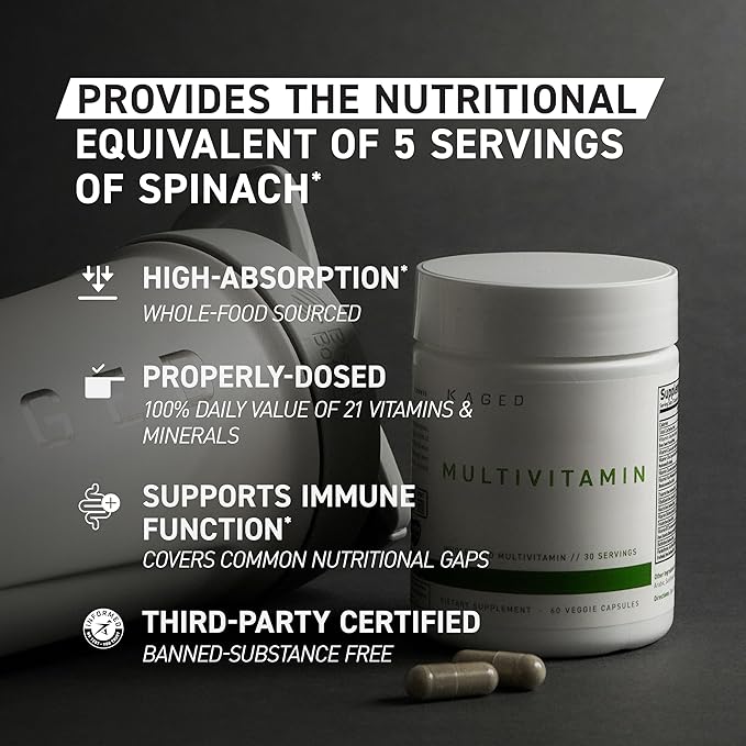 Kaged Multivitamin with Whole Foods Organic Fruits & Veggies Plant Based Vegan Multivitamin for Women and Men Vitamin C, D, E, B12 60 Servings