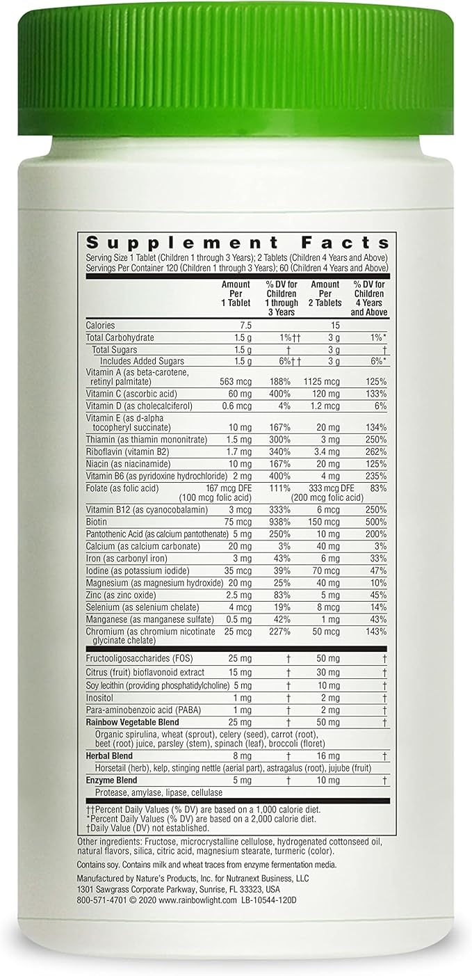 Rainbow Light Multivitamins for Kids, Vitamin B, Zinc & Iron, Prebiotics, Nutri Stars Provides Brain & Nervous System Support, Pineapple Orange, 120 Chewable Tablets