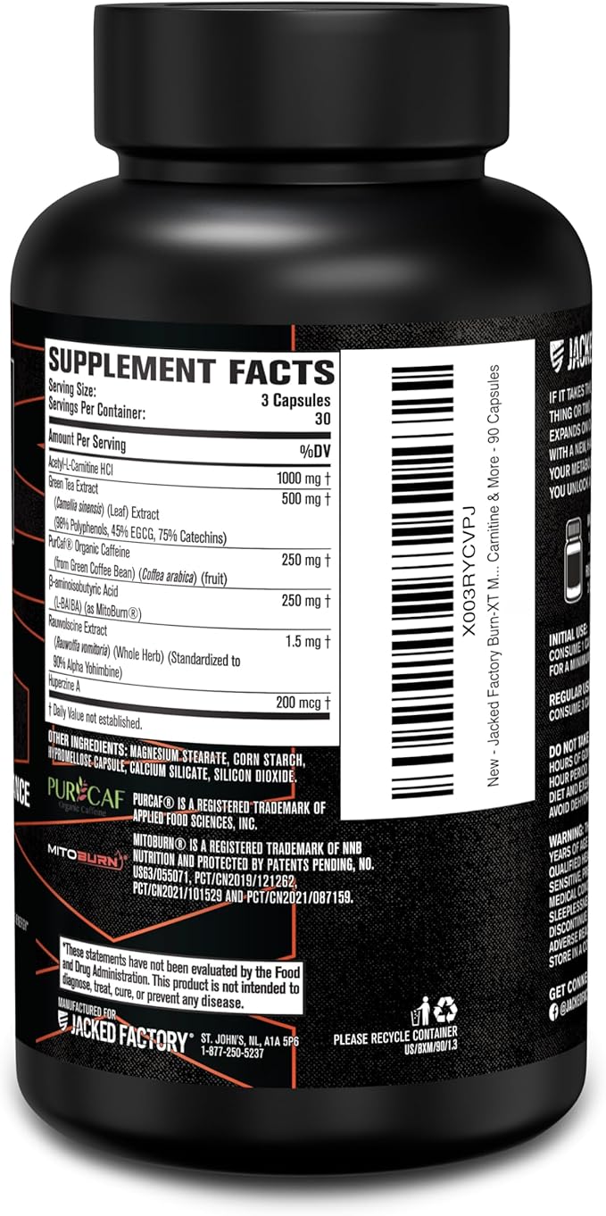Jacked Factory Burn-XT Max - High-Performance Thermogenic Fat Burner & Appetite Suppressant for Weight Loss w/PurCaf Organic Caffeine, MitoBurn, Green Tea, Acetyl L Carnitine & More - 90 Capsules